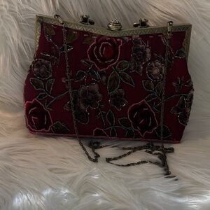 Embroidered Floral Wine Red Evening Clutch with Chain